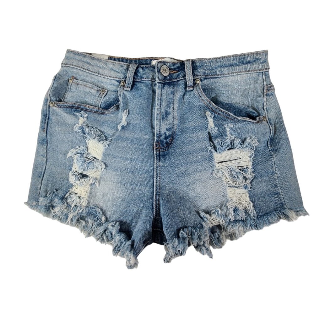 Almost Famous Jean Shorts Womens 7 28x3 Rough Hem Distressed Light Wash NWT